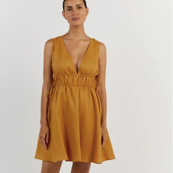 DISSH Dresses & Skirts - DISSH Pia Linen Mini Dress Sleeveless V-Neck Cinch Waist Marigold